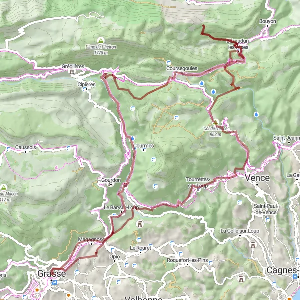 Kartminiatyr av "Äventyrscykling från Grasse till Châteauneuf-Grasse" cykelinspiration i Provence-Alpes-Côte d’Azur, France. Genererad av Tarmacs.app cykelruttplanerare