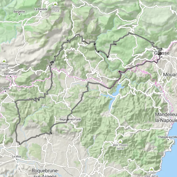 Karttaminiaatyyri "Haasteellisia katuja ja maisemia Grassen ympärillä" pyöräilyinspiraatiosta alueella Provence-Alpes-Côte d’Azur, France. Luotu Tarmacs.app pyöräilyreittisuunnittelijalla