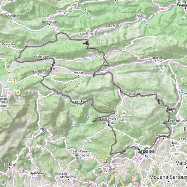 Map miniature of "Road Cycling Adventure: Cabris Loop" cycling inspiration in Provence-Alpes-Côte d’Azur, France. Generated by Tarmacs.app cycling route planner