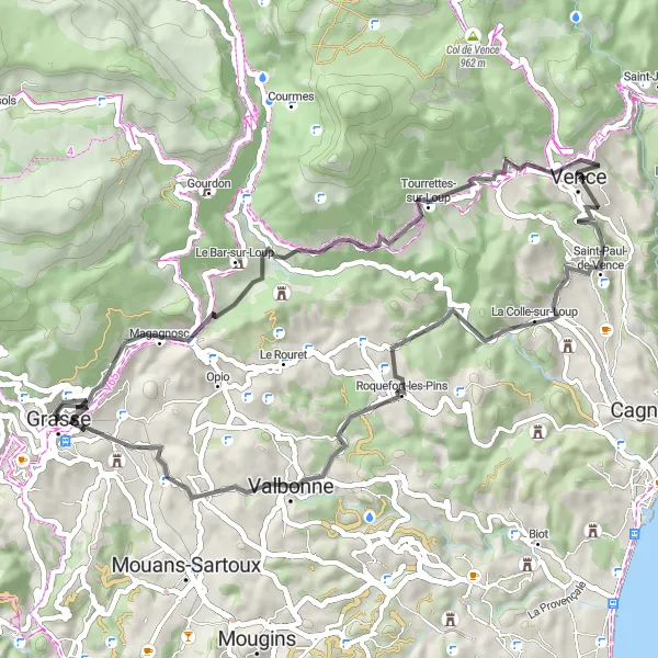 Miniaturní mapa "Cyklotrasa Grasse - Le Bar-sur-Loup - Baou des Blancs - Vence - La Colle-sur-Loup - Camp Tracier - Valbonne - Grasse" inspirace pro cyklisty v oblasti Provence-Alpes-Côte d’Azur, France. Vytvořeno pomocí plánovače tras Tarmacs.app