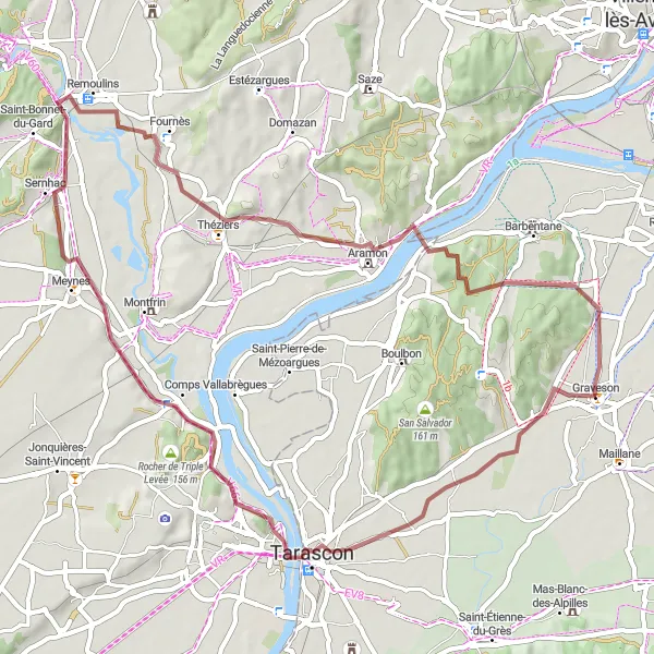 Miniatura mapy "Trasa gravelowa od Graveson do Château d'Aramon" - trasy rowerowej w Provence-Alpes-Côte d’Azur, France. Wygenerowane przez planer tras rowerowych Tarmacs.app