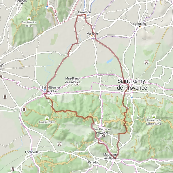 Miniatura mapy "Trasa gravelowa od Graveson do Saint-Étienne-du-Grès" - trasy rowerowej w Provence-Alpes-Côte d’Azur, France. Wygenerowane przez planer tras rowerowych Tarmacs.app