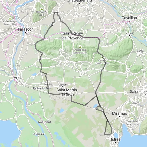Miniaturní mapa "Okružní trasu od Graveson" inspirace pro cyklisty v oblasti Provence-Alpes-Côte d’Azur, France. Vytvořeno pomocí plánovače tras Tarmacs.app