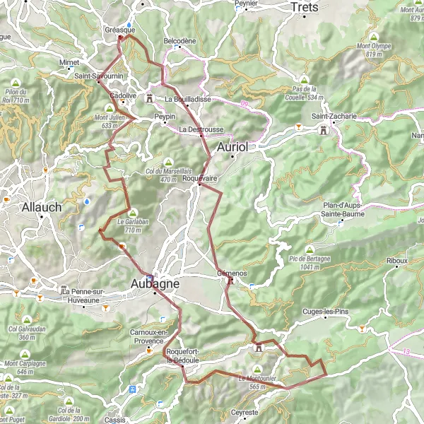 Kartminiatyr av "Grusvei eventyr i nærheten av Gréasque" sykkelinspirasjon i Provence-Alpes-Côte d’Azur, France. Generert av Tarmacs.app sykkelrutoplanlegger