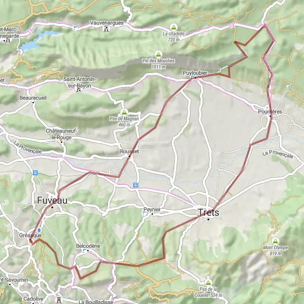 Miniatua del mapa de inspiración ciclista "Ruta de Fuveau a Trets" en Provence-Alpes-Côte d’Azur, France. Generado por Tarmacs.app planificador de rutas ciclistas