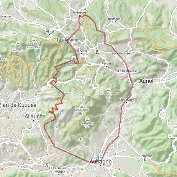 Miniatura mapy "Trasa rowerowa Pętla Gréasque - Saint-Savournin" - trasy rowerowej w Provence-Alpes-Côte d’Azur, France. Wygenerowane przez planer tras rowerowych Tarmacs.app