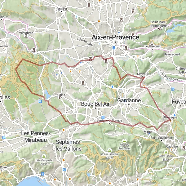 Map miniature of "Gravel Adventure in Gréasque" cycling inspiration in Provence-Alpes-Côte d’Azur, France. Generated by Tarmacs.app cycling route planner