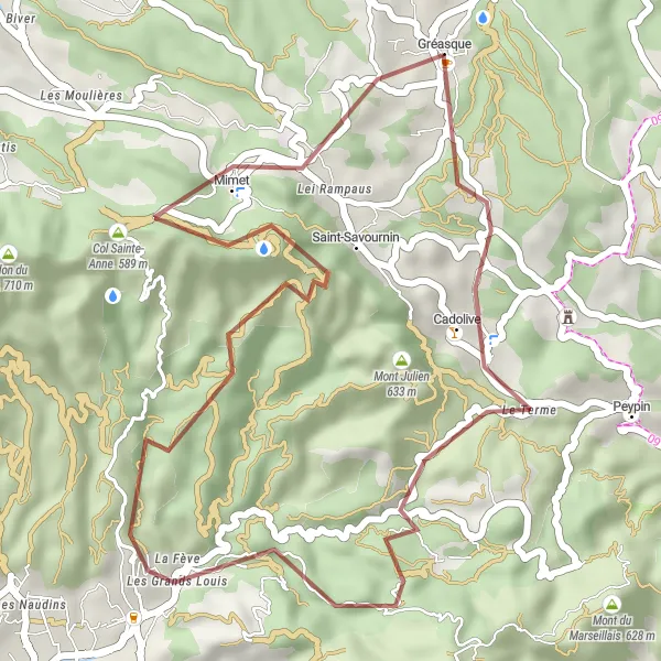 Miniaturní mapa "Krátká gravel trasa kolem Gréasque" inspirace pro cyklisty v oblasti Provence-Alpes-Côte d’Azur, France. Vytvořeno pomocí plánovače tras Tarmacs.app