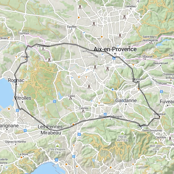 Kartminiatyr av "Mimet til Gréasque Rundtur" sykkelinspirasjon i Provence-Alpes-Côte d’Azur, France. Generert av Tarmacs.app sykkelrutoplanlegger