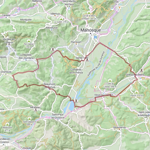 Miniatuurkaart van de fietsinspiratie "Gravelroute van Gréoux-les-Bains naar Sainte-Tulle" in Provence-Alpes-Côte d’Azur, France. Gemaakt door de Tarmacs.app fietsrouteplanner