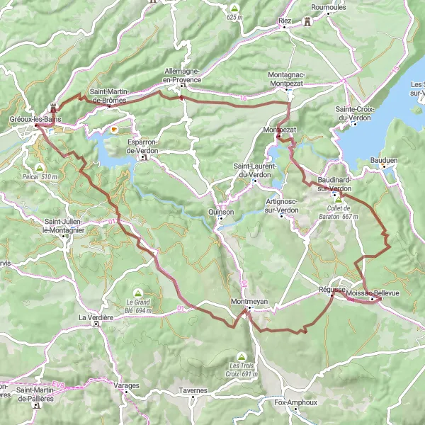 Kartminiatyr av "Utforskning av Saint-Martin-de-Brômes och Régusse på Gravelcykel" cykelinspiration i Provence-Alpes-Côte d’Azur, France. Genererad av Tarmacs.app cykelruttplanerare
