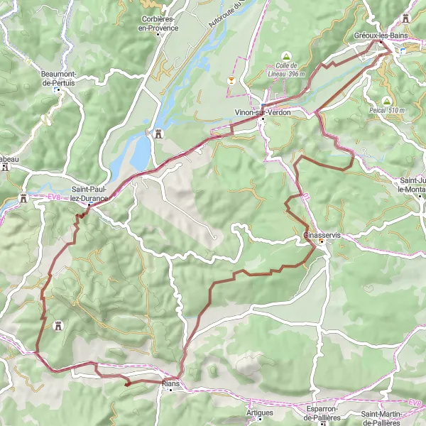 Map miniature of "Scenic Gravel Ride through Provence" cycling inspiration in Provence-Alpes-Côte d’Azur, France. Generated by Tarmacs.app cycling route planner