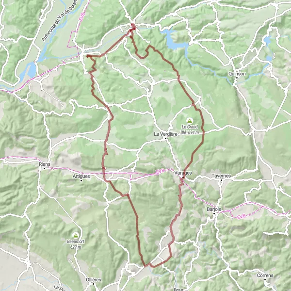 Miniaturní mapa "Okružní cesta přes Esparron-de-Pallières a Ginasservis" inspirace pro cyklisty v oblasti Provence-Alpes-Côte d’Azur, France. Vytvořeno pomocí plánovače tras Tarmacs.app