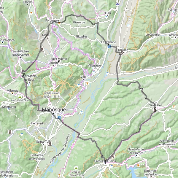 Kartminiatyr av "Gréoux-les-Bains Road Cycling Adventure" sykkelinspirasjon i Provence-Alpes-Côte d’Azur, France. Generert av Tarmacs.app sykkelrutoplanlegger