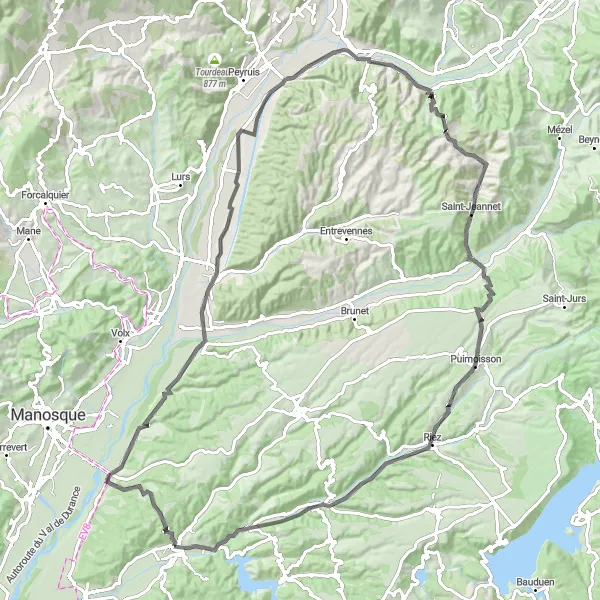 Zemljevid v pomanjšavi "Gréoux-les-Bains do Allemagne-en-Provence" kolesarske inspiracije v Provence-Alpes-Côte d’Azur, France. Generirano z načrtovalcem kolesarskih poti Tarmacs.app