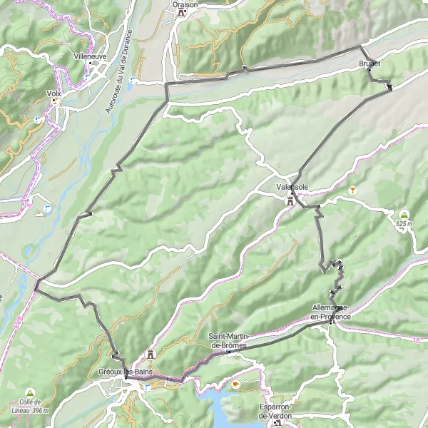 Mapa miniatúra "Gréoux-les-Bains - Les Aires / La Poste" cyklistická inšpirácia v Provence-Alpes-Côte d’Azur, France. Vygenerované cyklistickým plánovačom trás Tarmacs.app