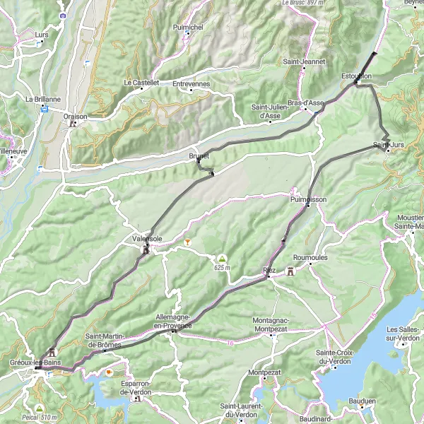 Miniaturní mapa "Okruh Valensole a Château des Templiers" inspirace pro cyklisty v oblasti Provence-Alpes-Côte d’Azur, France. Vytvořeno pomocí plánovače tras Tarmacs.app