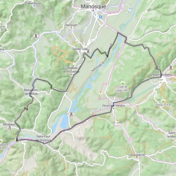 Zemljevid v pomanjšavi "Gréoux-les-Bains do Château des Templiers" kolesarske inspiracije v Provence-Alpes-Côte d’Azur, France. Generirano z načrtovalcem kolesarskih poti Tarmacs.app