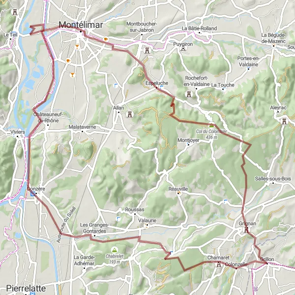 Miniaturní mapa "Gravel římské památky a vinice" inspirace pro cyklisty v oblasti Provence-Alpes-Côte d’Azur, France. Vytvořeno pomocí plánovače tras Tarmacs.app