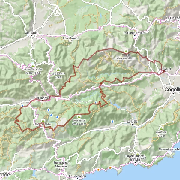 Zemljevid v pomanjšavi "Grimaud - Col de Babaou Loop" kolesarske inspiracije v Provence-Alpes-Côte d’Azur, France. Generirano z načrtovalcem kolesarskih poti Tarmacs.app