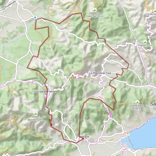 Mapa miniatúra "Gravelová výzva okolo Grimaudu" cyklistická inšpirácia v Provence-Alpes-Côte d’Azur, France. Vygenerované cyklistickým plánovačom trás Tarmacs.app