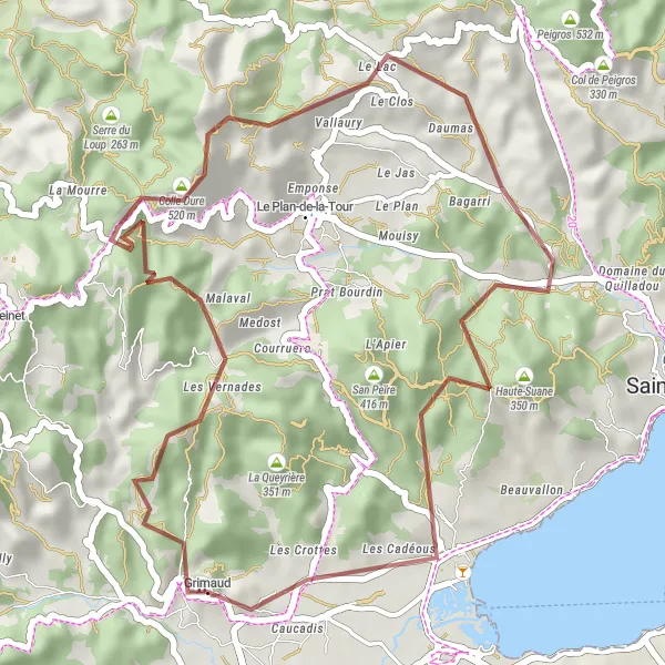 Zemljevid v pomanjšavi "Razgledna tura skozi Château de Grimaud" kolesarske inspiracije v Provence-Alpes-Côte d’Azur, France. Generirano z načrtovalcem kolesarskih poti Tarmacs.app