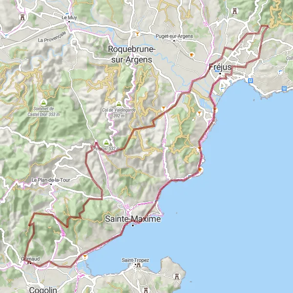 Karten-Miniaturansicht der Radinspiration "Grimaud - Fréjus - Sainte-Maxime Rundfahrroute" in Provence-Alpes-Côte d’Azur, France. Erstellt vom Tarmacs.app-Routenplaner für Radtouren