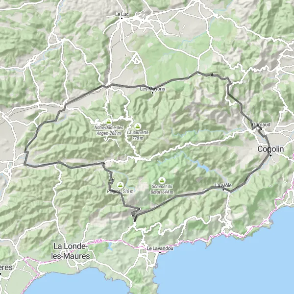 Miniatua del mapa de inspiración ciclista "Ruta Escénica por La Môle y Gonfaron" en Provence-Alpes-Côte d’Azur, France. Generado por Tarmacs.app planificador de rutas ciclistas