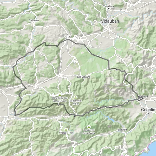 Miniatua del mapa de inspiración ciclista "Desafío Ciclista por Carnoules y Le Luc" en Provence-Alpes-Côte d’Azur, France. Generado por Tarmacs.app planificador de rutas ciclistas