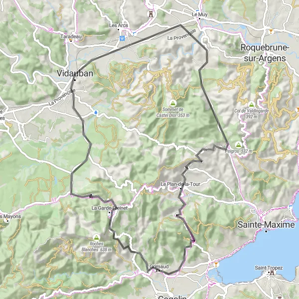 Mapa miniatúra "Cestná cyklotrasa cez La Garde-Freinet a Vidauban" cyklistická inšpirácia v Provence-Alpes-Côte d’Azur, France. Vygenerované cyklistickým plánovačom trás Tarmacs.app