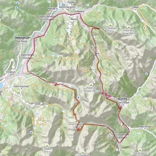 Miniaturní mapa "Vars a kolem" inspirace pro cyklisty v oblasti Provence-Alpes-Côte d’Azur, France. Vytvořeno pomocí plánovače tras Tarmacs.app