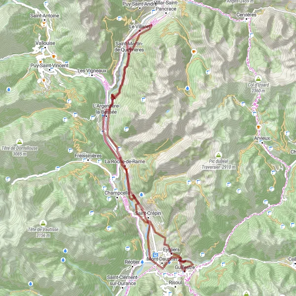 Map miniature of "Gravel Adventure to L'Argentière-la-Bessée" cycling inspiration in Provence-Alpes-Côte d’Azur, France. Generated by Tarmacs.app cycling route planner