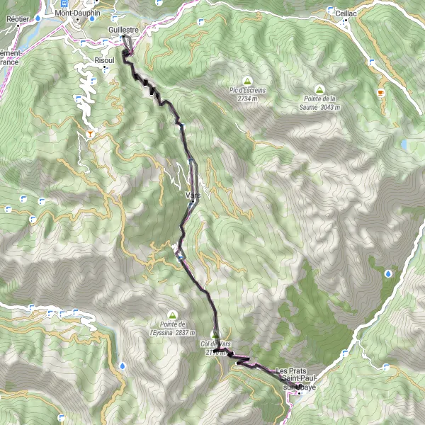 Kartminiatyr av "Vars och Saint-Paul-sur-Ubaye Cykeltur" cykelinspiration i Provence-Alpes-Côte d’Azur, France. Genererad av Tarmacs.app cykelruttplanerare