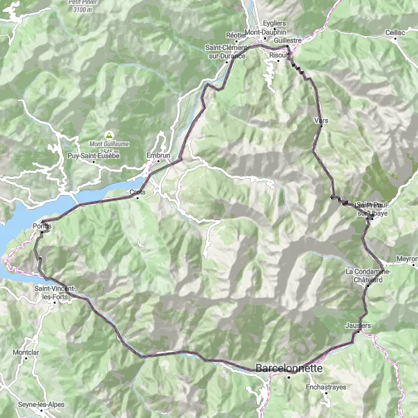 Miniaturní mapa "Horské dobrodružství kolem Guillestre" inspirace pro cyklisty v oblasti Provence-Alpes-Côte d’Azur, France. Vytvořeno pomocí plánovače tras Tarmacs.app