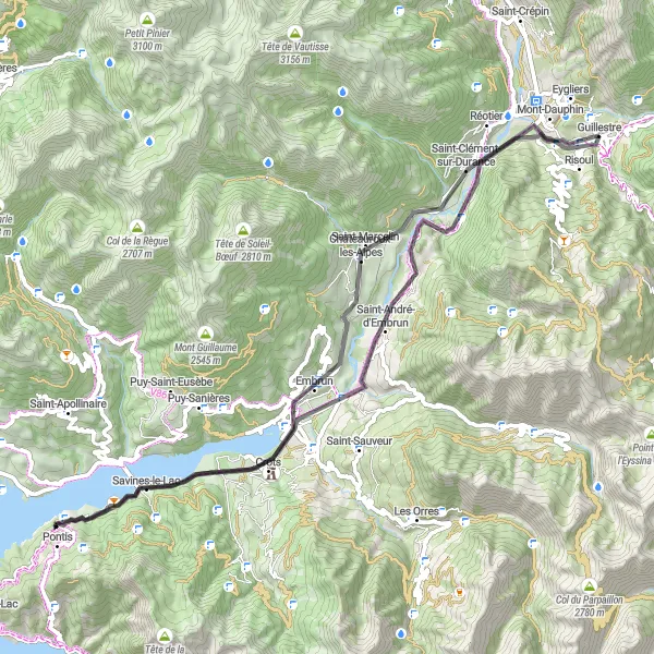 Miniaturní mapa "Cesta mezi Guillestrem a Risoulem" inspirace pro cyklisty v oblasti Provence-Alpes-Côte d’Azur, France. Vytvořeno pomocí plánovače tras Tarmacs.app