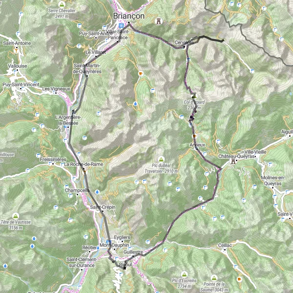 Miniaturní mapa "Cyklotrasa kolem Guillestre" inspirace pro cyklisty v oblasti Provence-Alpes-Côte d’Azur, France. Vytvořeno pomocí plánovače tras Tarmacs.app