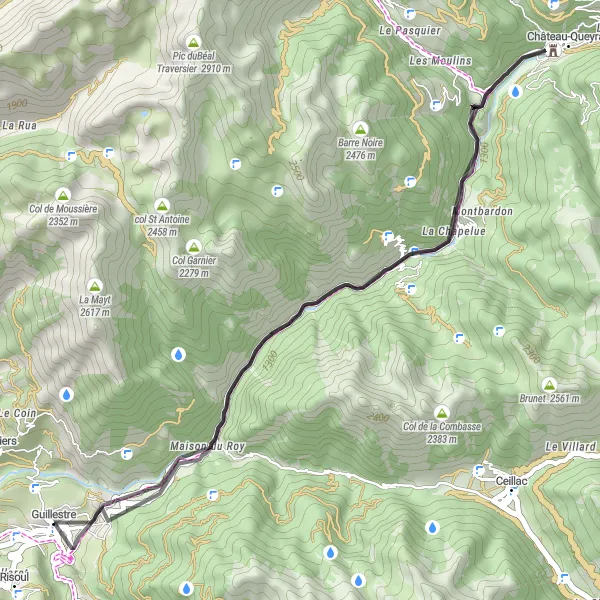 Zemljevid v pomanjšavi "Krožna kolesarska pot okoli Guillestre" kolesarske inspiracije v Provence-Alpes-Côte d’Azur, France. Generirano z načrtovalcem kolesarskih poti Tarmacs.app