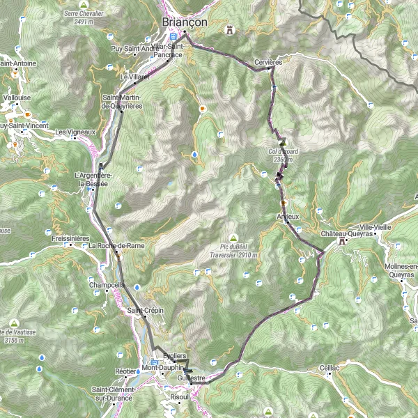 Zemljevid v pomanjšavi "Cestna pustolovščina po Alpah" kolesarske inspiracije v Provence-Alpes-Côte d’Azur, France. Generirano z načrtovalcem kolesarskih poti Tarmacs.app