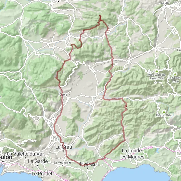 Kartminiatyr av "Grusvägar och natursköna vyer runt Hyères" cykelinspiration i Provence-Alpes-Côte d’Azur, France. Genererad av Tarmacs.app cykelruttplanerare