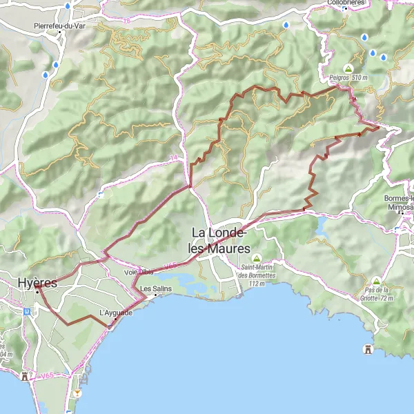 Map miniature of "Gravel Adventures near Hyères" cycling inspiration in Provence-Alpes-Côte d’Azur, France. Generated by Tarmacs.app cycling route planner