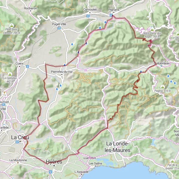 Mapa miniatúra "Gravelová cesta cez La Crau a Peigros" cyklistická inšpirácia v Provence-Alpes-Côte d’Azur, France. Vygenerované cyklistickým plánovačom trás Tarmacs.app