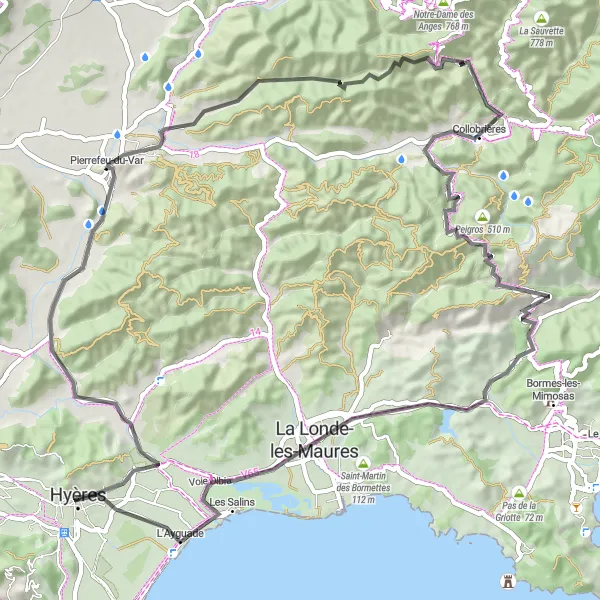 Map miniature of "Hyères and Surrounding Hills" cycling inspiration in Provence-Alpes-Côte d’Azur, France. Generated by Tarmacs.app cycling route planner