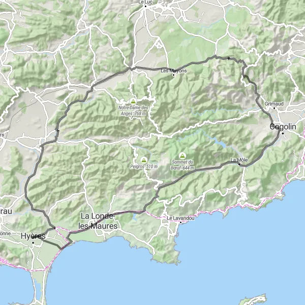 Map miniature of "Coastal and Countryside Ride" cycling inspiration in Provence-Alpes-Côte d’Azur, France. Generated by Tarmacs.app cycling route planner