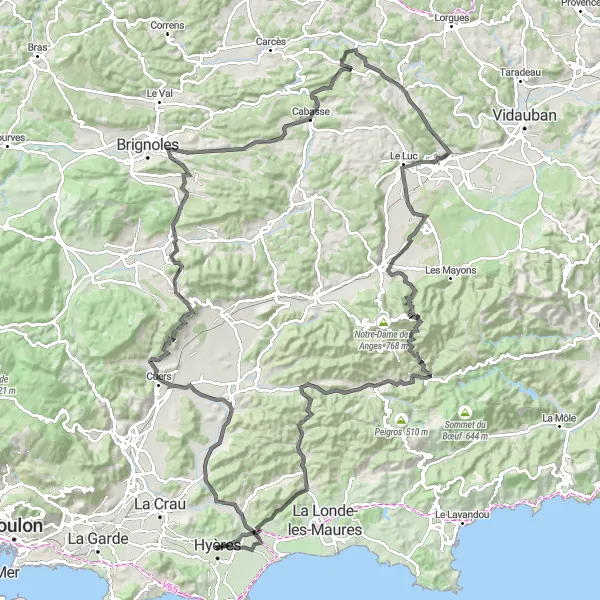 Miniatua del mapa de inspiración ciclista "Ruta de las Colinas de Provenza" en Provence-Alpes-Côte d’Azur, France. Generado por Tarmacs.app planificador de rutas ciclistas