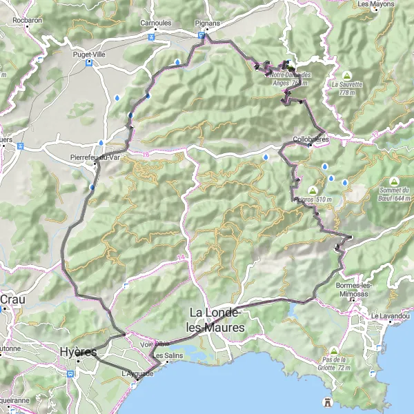Kartminiatyr av "Utmanande vägar runt Hyères" cykelinspiration i Provence-Alpes-Côte d’Azur, France. Genererad av Tarmacs.app cykelruttplanerare