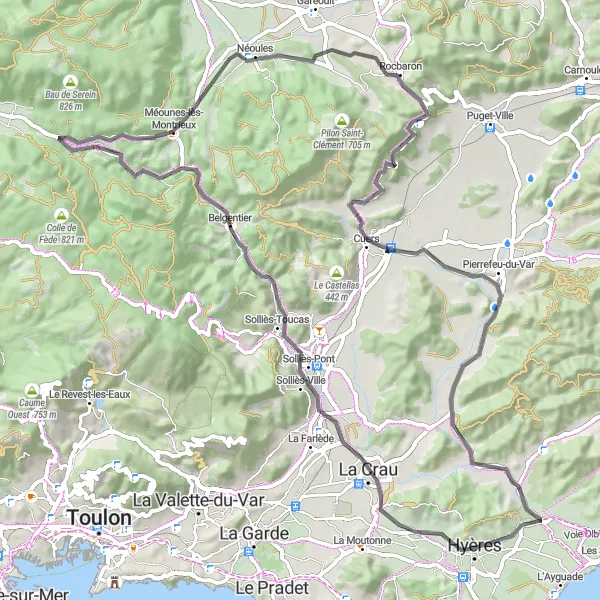 Miniatua del mapa de inspiración ciclista "Ruta panorámica por la región de Hyères" en Provence-Alpes-Côte d’Azur, France. Generado por Tarmacs.app planificador de rutas ciclistas