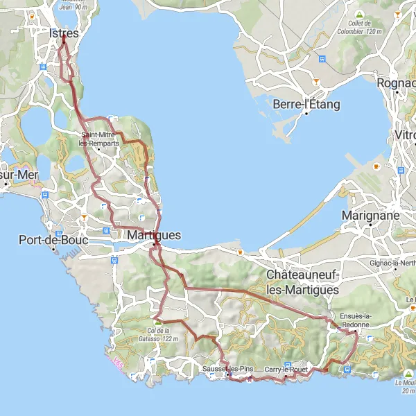 Map miniature of "Exploring the Gravel Paths of Istres" cycling inspiration in Provence-Alpes-Côte d’Azur, France. Generated by Tarmacs.app cycling route planner