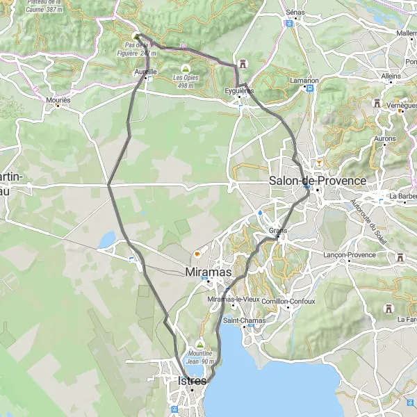 Kartminiatyr av "Panoramavyer på cykelvägen till Salon de Provence" cykelinspiration i Provence-Alpes-Côte d’Azur, France. Genererad av Tarmacs.app cykelruttplanerare