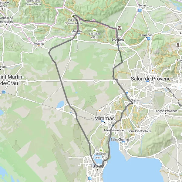 Map miniature of "Picturesque Landscapes and Charming Villages in Istres" cycling inspiration in Provence-Alpes-Côte d’Azur, France. Generated by Tarmacs.app cycling route planner