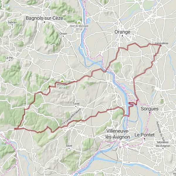 Miniaturní mapa "Okružní cyklistická trasa z Jonquières" inspirace pro cyklisty v oblasti Provence-Alpes-Côte d’Azur, France. Vytvořeno pomocí plánovače tras Tarmacs.app